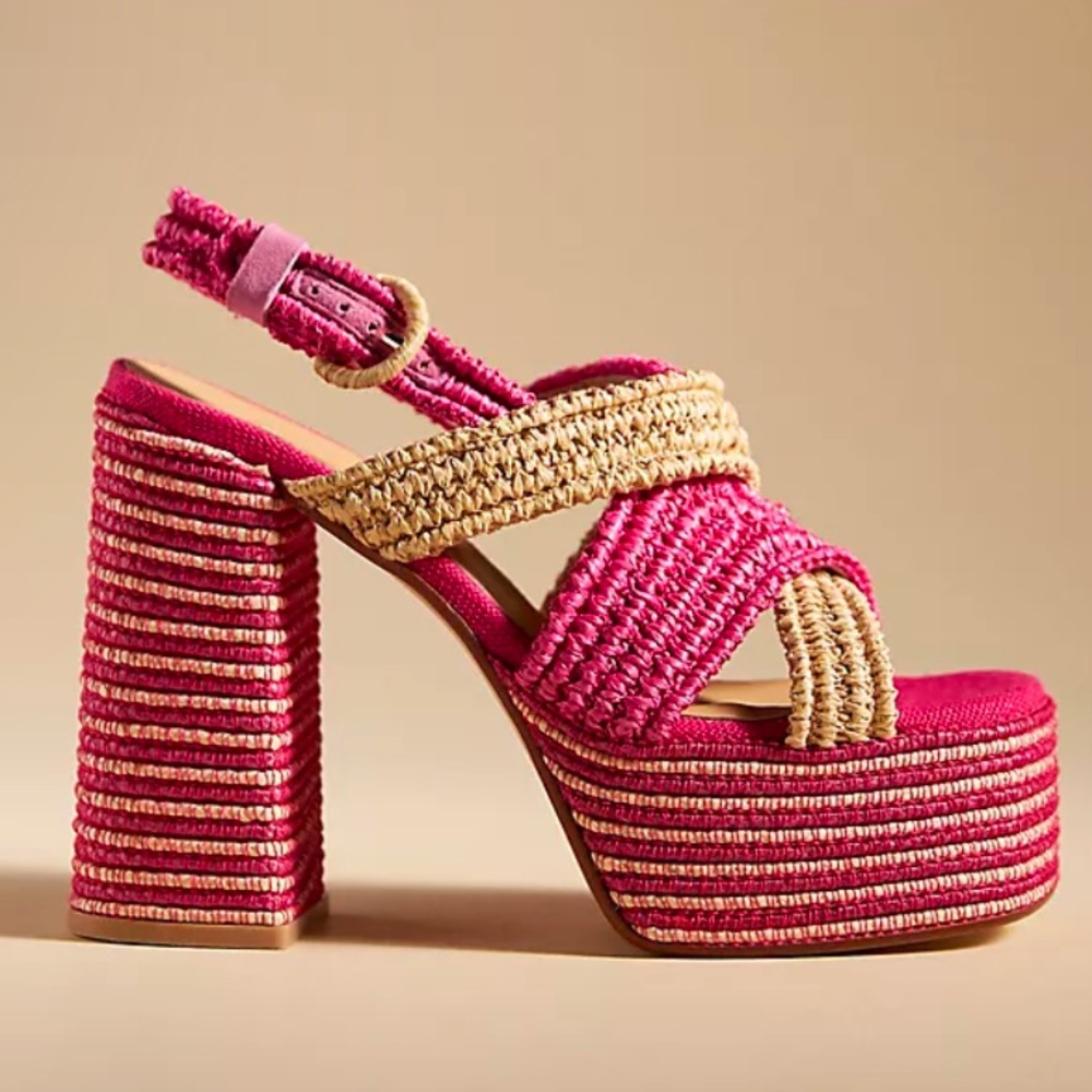 •CASTANER• Anthropologie NEW Fulvia Raffia Platform Heel Sandal in Pink‎ Size 40
